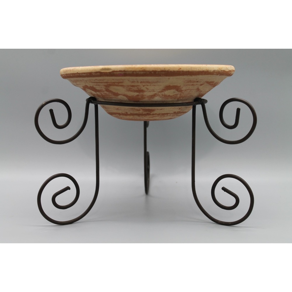 Terracotta Bird Bath 9" Shallow Pottery Bowl Metal Scroll Stand Rustic Garden
